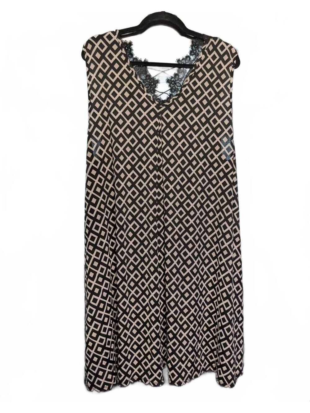 SJS Black and Ivory Geometric Lace Trim Sleeveless Tunic Dress 3X